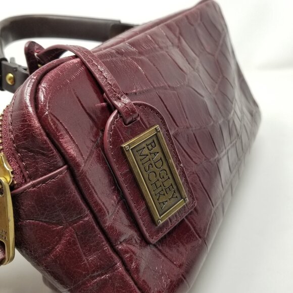 Badgley Mischka Dark Burgundy Red Faux Croc Embossed Leather & Brown Handbag - Picture 8 of 16
